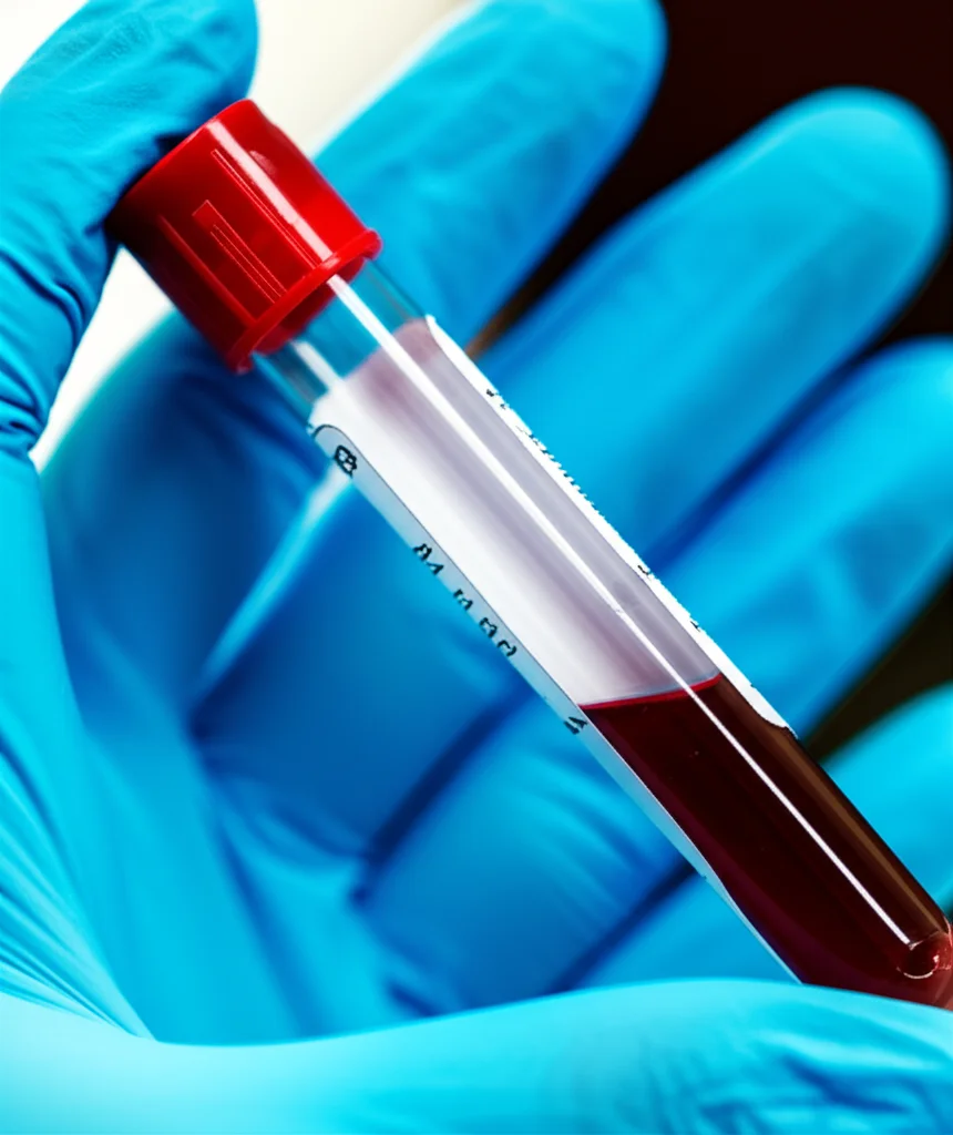 Primo piano di una provetta di sangue tenuta da una mano guantata in un laboratorio medico. Illuminazione controllata, alta definizione dei dettagli della provetta e del liquido. Macro lens, 90mm, precise focusing.