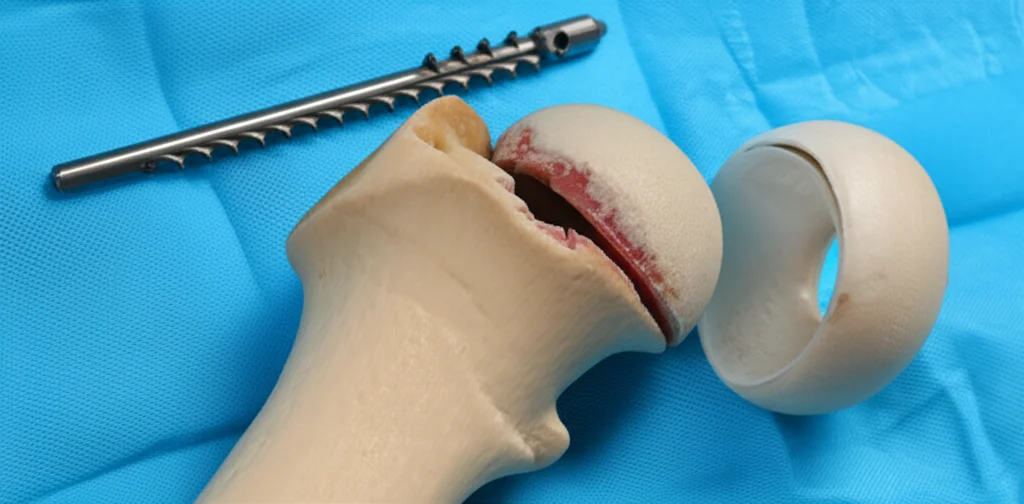 Un'immagine macro di un modello anatomico di un femore umano con una frattura intertrocanterica evidenziata, accanto a un chiodo endomidollare PFNA appoggiato su un telo chirurgico sterile. Illuminazione da studio controllata, alta definizione, obiettivo macro 60mm, per mostrare i dettagli della frattura e del metallo dell'impianto.