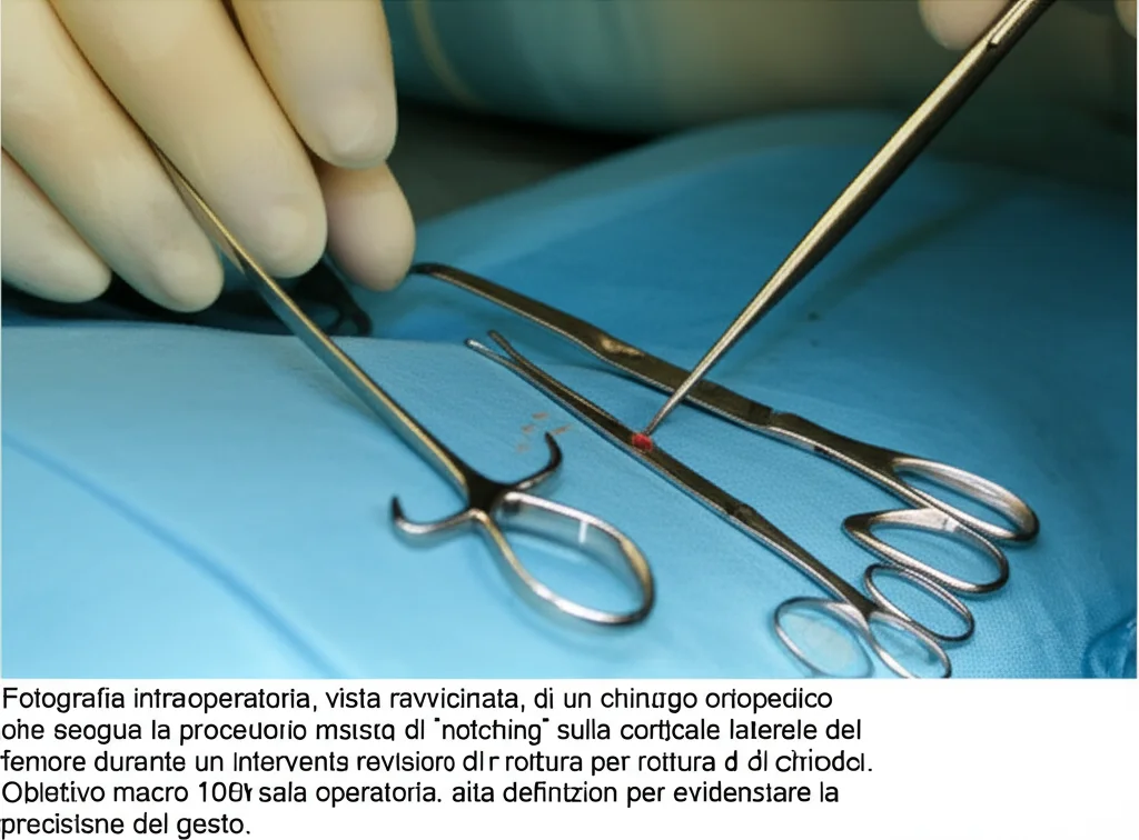 Fotografia intraoperatoria, vista ravvicinata, di un chirurgo ortopedico che esegue la procedura di 'notching' sulla corticale laterale del femore durante un intervento di revisione per rottura di chiodo. Dettagli degli strumenti chirurgici, guanti sterili, campo operatorio. Obiettivo macro 100mm, illuminazione da sala operatoria, alta definizione per evidenziare la precisione del gesto.