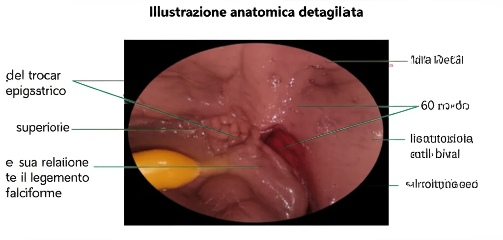 Illustrazione anatomica dettagliata dell'addome superiore che mostra la posizione del trocar epigastrico e la sua relazione con il fegato, l'omento e il legamento falciforme. Macro lens, 60mm, alta definizione, illuminazione che evidenzia le strutture anatomiche, stile da manuale medico fotorealistico.