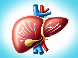 Immagine concettuale di un fegato umano stilizzato con frecce luminose che indicano un flusso biliare sano e regolare, a simboleggiare l'effetto positivo di Odevixibat. Sfondo pulito, medico. Obiettivo macro, 60mm, alta definizione, illuminazione controllata.