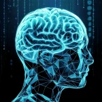 Immagine concettuale fotorealistica che fonde un cervello digitale luminoso (BERT) con un'orca stilizzata (IOPA) che nuota attraverso dati binari, simboleggiando l'analisi del sentimento avanzata, obiettivo 35mm, profondità di campo, toni blu e cyano duotone.