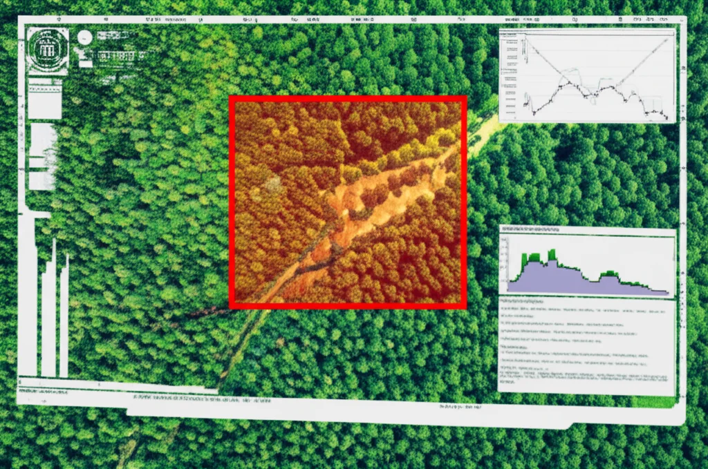 Immagine fotorealistica di un sistema di intelligenza artificiale che analizza immagini satellitari di una vasta foresta per rilevare i primi segni di fumo da incendio. Grandangolo 10-24mm, tempi di esposizione lunghi per enfatizzare la vastità, messa a fuoco nitida, con un'interfaccia utente digitale sovrapposta che evidenzia un'area sospetta con un riquadro rosso.