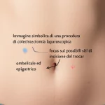 Immagine simbolica di una procedura di colecistectomia laparoscopica, con focus sui possibili siti di incisione del trocar, ombelicale ed epigastrico, su un addome stilizzato. Illuminazione da studio, profondità di campo per evidenziare le aree di interesse, 35mm prime lens, colori naturali e chiari.