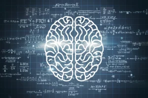 Immagine simbolica fotorealistica che rappresenta l'intersezione tra matematica e psicologia. Un cervello umano stilizzato è sovrapposto a formule matematiche luminose o grafici di dati astratti. Obiettivo prime, 35mm, profondità di campo, illuminazione drammatica controllata, duotono sottile blu profondo e grigio caldo.