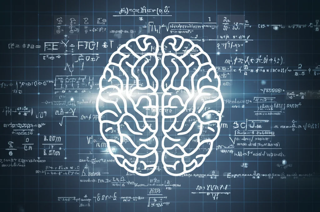 Immagine simbolica fotorealistica che rappresenta l'intersezione tra matematica e psicologia. Un cervello umano stilizzato è sovrapposto a formule matematiche luminose o grafici di dati astratti. Obiettivo prime, 35mm, profondità di campo, illuminazione drammatica controllata, duotono sottile blu profondo e grigio caldo.