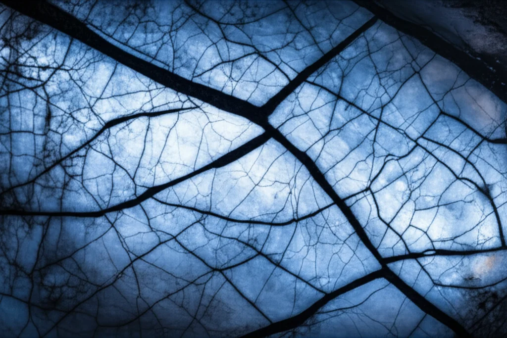 Photorealistic image showing a cross-section of underground rock with detailed, interconnected fractures, illuminated by a subtle blue light, macro lens, 70mm, high detail, precise focusing.