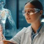 Prime lens, 35mm portrait, a female scientist with a determined yet hopeful expression, looking at a glowing, complex 3D model of a gene signature related to ovarian cancer, depth of field, blue and amber duotones, in a modern research laboratory setting.
