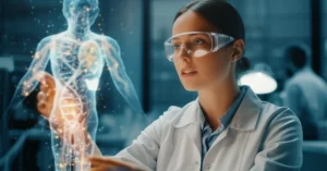 Prime lens, 35mm portrait, a female scientist with a determined yet hopeful expression, looking at a glowing, complex 3D model of a gene signature related to ovarian cancer, depth of field, blue and amber duotones, in a modern research laboratory setting.