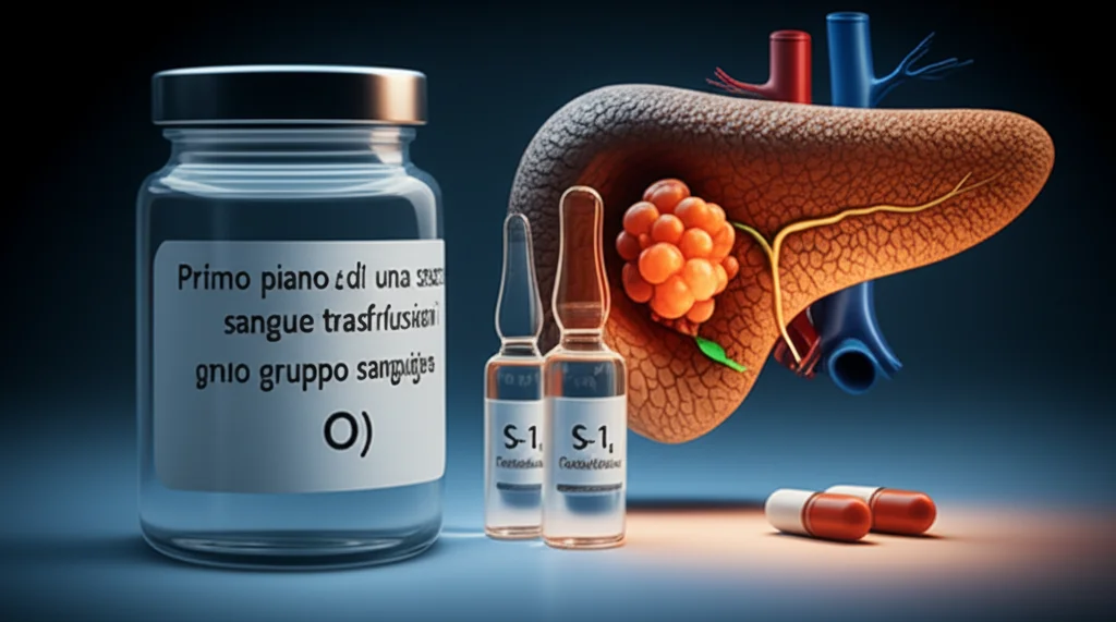 Primo piano di una sacca di sangue per trasfusioni etichettata con un gruppo sanguigno (es. O), accanto a un modello 3D stilizzato di un pancreas con un tumore visibile e fiale di farmaci chemioterapici (S-1, Gemcitabina), illuminazione drammatica da studio, lente prime 35mm, profondità di campo, simboleggiando il legame tra gruppo sanguigno, cancro al pancreas e chemioterapia adiuvante.