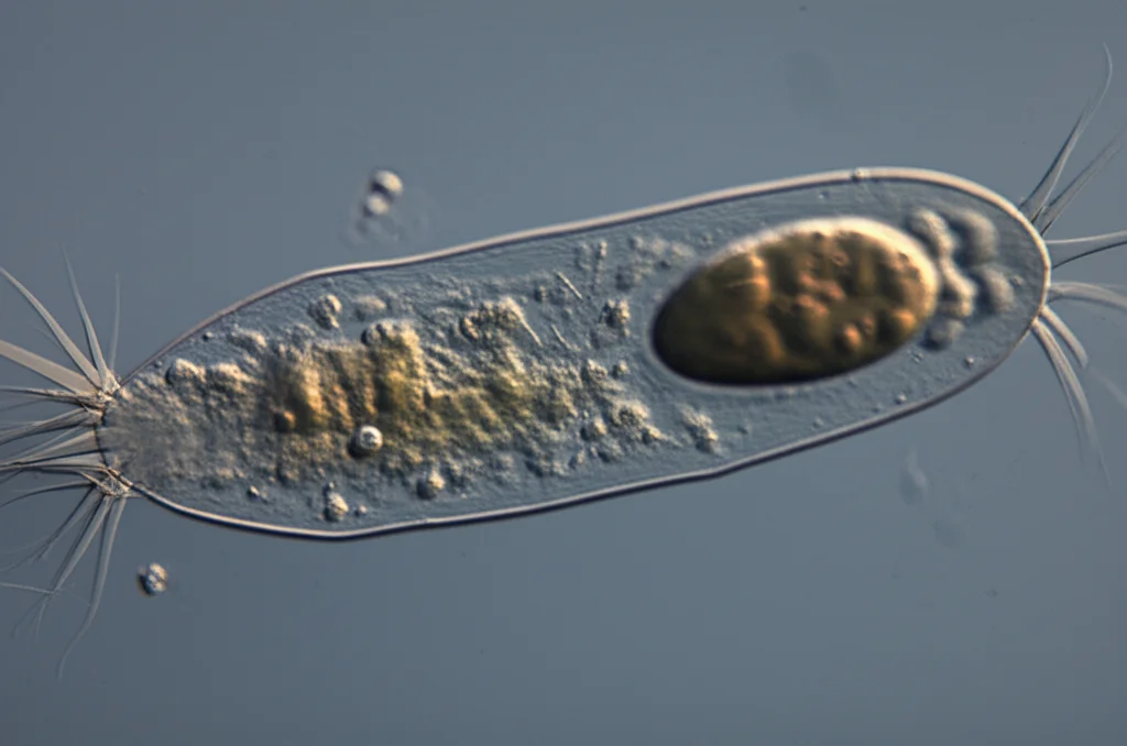 Primo piano macrofotografico di un ciliato Paramecium che nuota attivamente in acqua. La foto, scattata con un obiettivo macro da 105mm, cattura l'intero corpo cellulare allungato coperto da cilia vibranti che creano un leggero effetto di motion blur nell'acqua circostante. Si intravedono particelle alimentari sospese vicino all'organismo. Illuminazione laterale controllata per accentuare la forma tridimensionale e i dettagli superficiali. High detail, precise focusing, controlled lighting, slight motion blur on cilia.
