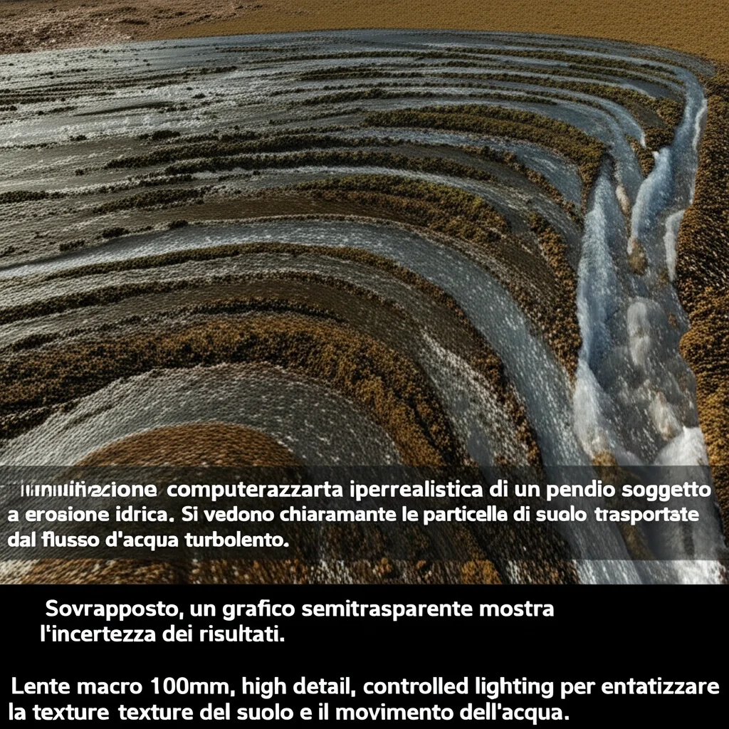 Simulazione computerizzata iperrealistica di un pendio soggetto a erosione idrica. Si vedono chiaramente le particelle di suolo trasportate dal flusso d'acqua turbolento. Sovrapposto, un grafico semitrasparente mostra l'incertezza dei risultati. Lente macro 100mm, high detail, controlled lighting per enfatizzare la texture del suolo e il movimento dell'acqua.