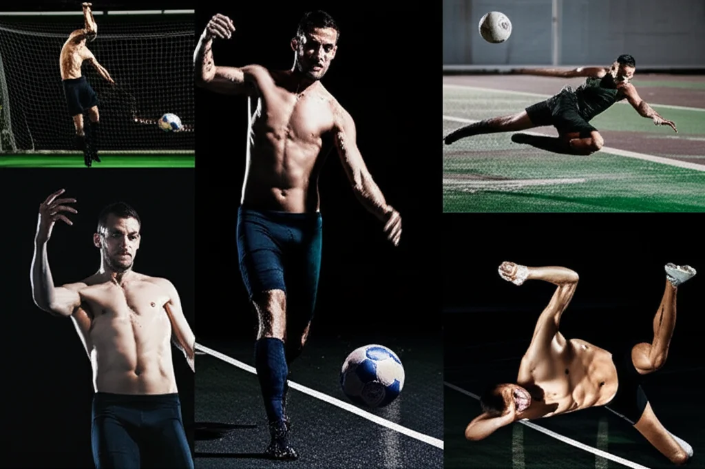 Vista dinamica di diversi atleti (calciatore, nuotatore, ginnasta) che eseguono esercizi per il core, collage fotografico sportivo, obiettivi misti (35mm, 100mm), alta velocità otturatore e profondità di campo variabile, illuminazione drammatica che enfatizza la muscolatura del tronco.