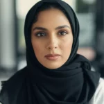 35mm portrait, a professional Saudi woman looking contemplative or stressed in a modern office setting, depth of field