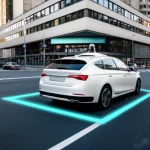 Autonomous vehicle navigating a complex urban environment, showing an optimized path, wide angle 24mm, sharp focus.