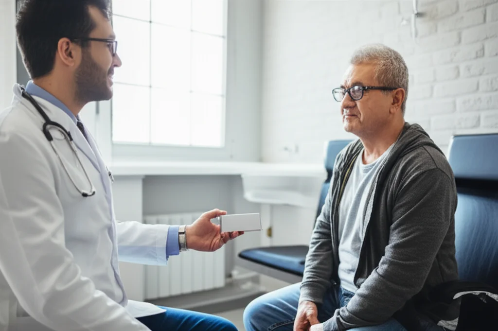 Fotografia di un medico sorridente in camice bianco che porge una scatola di farmaci (simbolica per la buprenorfina) a un paziente veterano seduto di fronte a lui in un ambulatorio medico accogliente. Obiettivo prime 50mm, luce naturale dalla finestra, profondità di campo che sfoca leggermente lo sfondo, espressioni di fiducia e speranza.