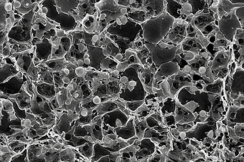 Immagine macro ad alta definizione di cellule di carcinoma squamoso interagenti, illuminazione controllata, focus preciso su recettori di membrana come CD109 e IL6Rα visibili sulla superficie cellulare, obiettivo macro 100mm, stile fotorealistico.