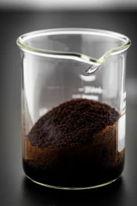 Macro fotografia, lente 100mm, di acque di vegetazione scure in un becher di vetro accanto a un mucchietto di fondi di caffè esausti attivati, a simboleggiare il processo di trattamento, alto dettaglio, illuminazione controllata.