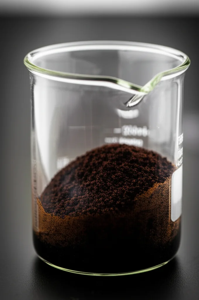 Macro fotografia, lente 100mm, di acque di vegetazione scure in un becher di vetro accanto a un mucchietto di fondi di caffè esausti attivati, a simboleggiare il processo di trattamento, alto dettaglio, illuminazione controllata.