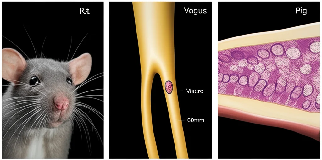 Photorealistic image depicting the anatomical differences in vagus nerve structure across species (rat, pig, human) using cross-sectional illustrations. Use case: Objects/Still Life, Lens type: Macro, Focal length: 60mm, Additional details: High detail, precise focusing, controlled lighting.