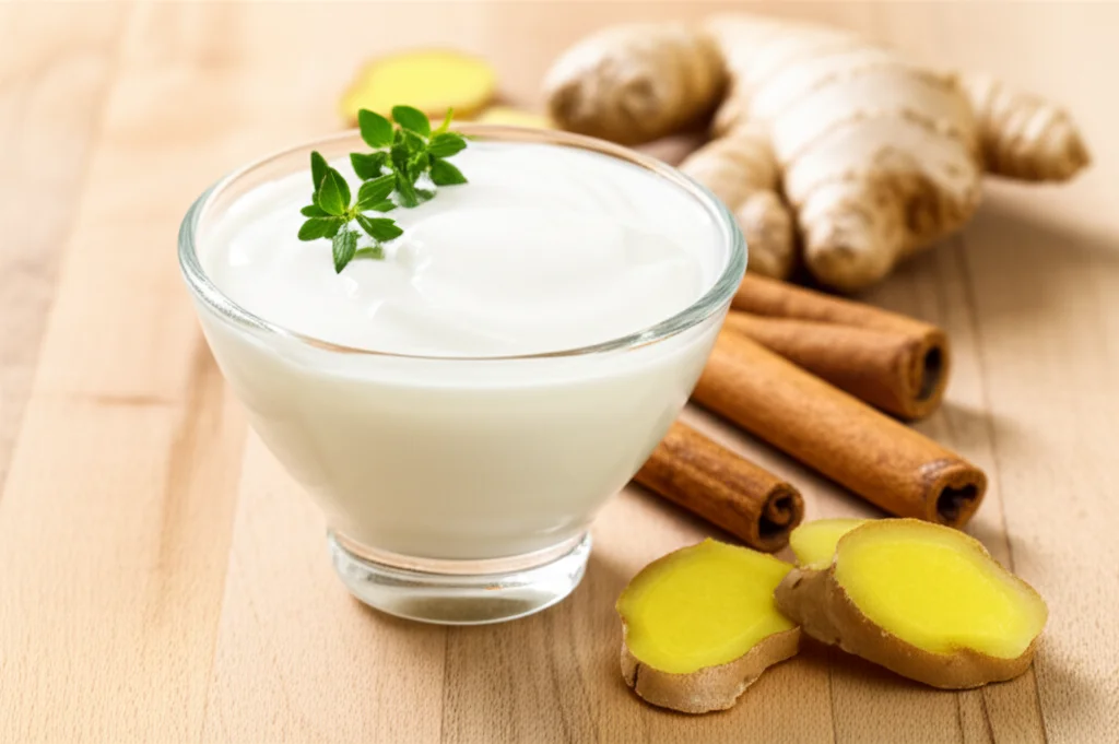 Yogurt bianco cremoso in una ciotola di vetro trasparente, guarnito con un rametto di timo fresco. Accanto alla ciotola, su una superficie di legno chiaro, sono disposte elegantemente alcune stecche di cannella e pezzi di radice di zenzero fresco. Luce naturale laterale controllata che esalta la texture dello yogurt. Obiettivo macro 90mm, alta definizione, messa a fuoco precisa sullo yogurt e sulle spezie in primo piano, sfondo leggermente sfocato.