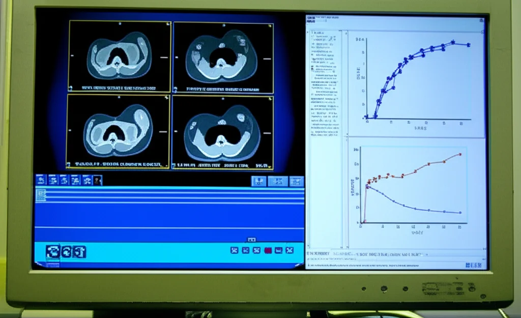 Fotografia di un monitor medicale ad alta risoluzione che mostra affiancate quattro immagini PET dello stesso paziente, ma acquisite con tempi diversi (180s, 120s, 60s, 30s). L'immagine a 30s appare visibilmente più rumorosa e meno definita delle altre. Accanto, grafici stilizzati che rappresentano l'estrazione di feature radiomiche. Obiettivo prime, 50mm, profondità di campo per evidenziare il monitor, luce soffusa da laboratorio.
