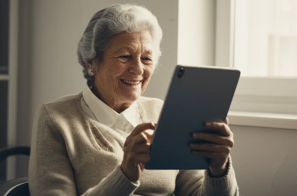 Una persona anziana sorridente utilizza un tablet in un ambiente domestico confortevole, simboleggiando la facilità d'uso dei test cognitivi digitali remoti. Luce naturale dalla finestra, focus sul viso della persona e sullo schermo del tablet, obiettivo da 35mm, effetto duotone seppia e blu.