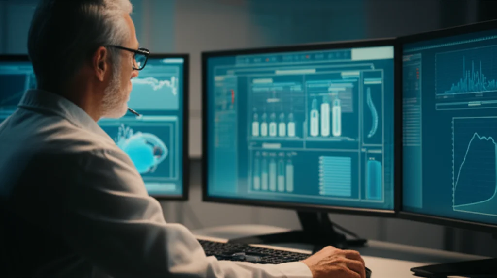 Un ricercatore in un laboratorio moderno analizza dati su più schermi che mostrano interfacce di app per test cognitivi e grafici di progressione, simboleggiando lo sviluppo e la validazione di futuri strumenti digitali. Profondità di campo, illuminazione da studio, obiettivo 50mm.