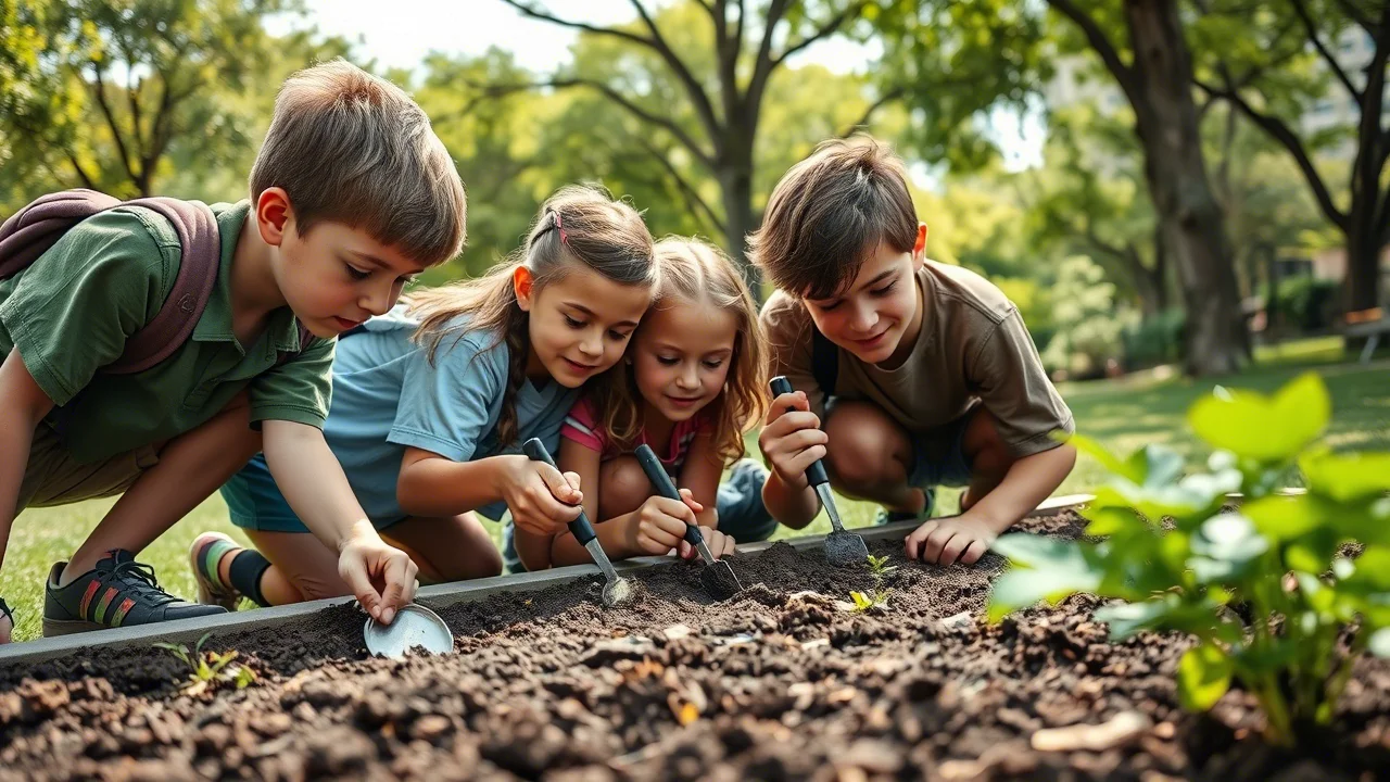 Un gruppo di studenti delle medie, chini su un'aiuola in un parco urbano, esaminano con curiosità campioni di suolo con piccole palette e lenti d'ingrandimento. Macro lens, 80mm, high detail, precise focusing, controlled lighting, luce naturale filtrata dagli alberi.