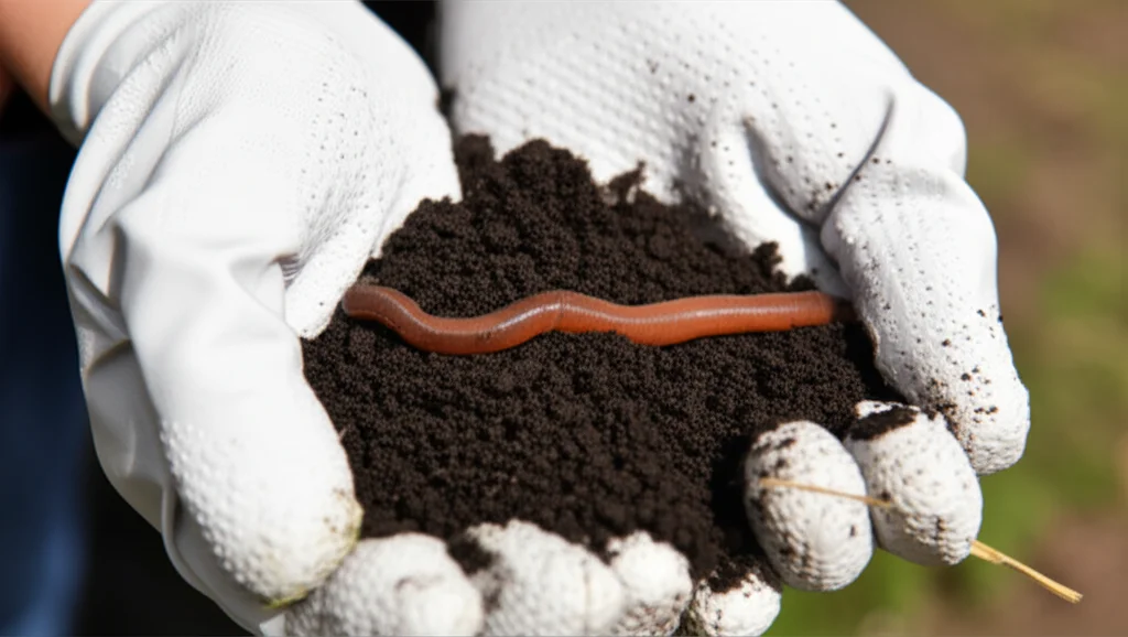 Primo piano di un lombrico che si muove su un frammento di suolo ricco di humus, tenuto delicatamente tra le dita guantate di un bambino. Macro lens, 100mm, high detail, precise focusing, luce soffusa.