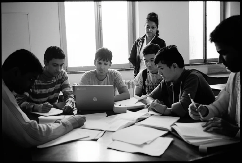 Studenti di medicina nepalesi in una sessione PBL, collaborano attivamente attorno a un tavolo con appunti e un laptop, un facilitatore li osserva discretamente. Luce naturale da una finestra. Obiettivo prime 35mm, profondità di campo per mettere a fuoco il gruppo, bianco e nero film.