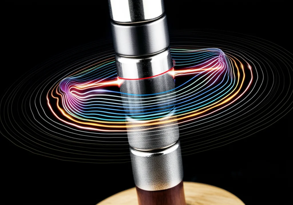 Un'immagine macro di un magnete fluttuante tra altri due magneti su un albero, con linee di forza magnetiche visualizzate digitalmente attorno ad esso. Lente macro 60mm, alta definizione, illuminazione controllata per evidenziare i dettagli metallici e le interazioni del campo.