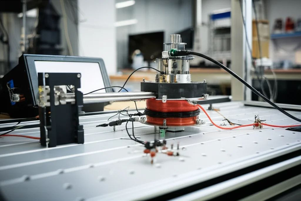 Un banco di prova sperimentale in un laboratorio, con il generatore a molla magnetica collegato a sensori e un sistema di acquisizione dati. Lente prime 35mm, profondità di campo per mettere a fuoco il generatore, sfondo leggermente sfocato con attrezzature da laboratorio, illuminazione da studio.