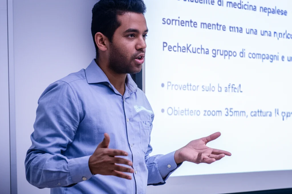 Uno studente di medicina nepalese sorridente mentre fa una presentazione PechaKucha davanti a un piccolo gruppo di compagni e un tutor in un'aula PBL. Proiettore sullo sfondo. Obiettivo zoom 35mm, cattura l'espressione e l'interazione, luce soffusa, duotone blu e grigio.