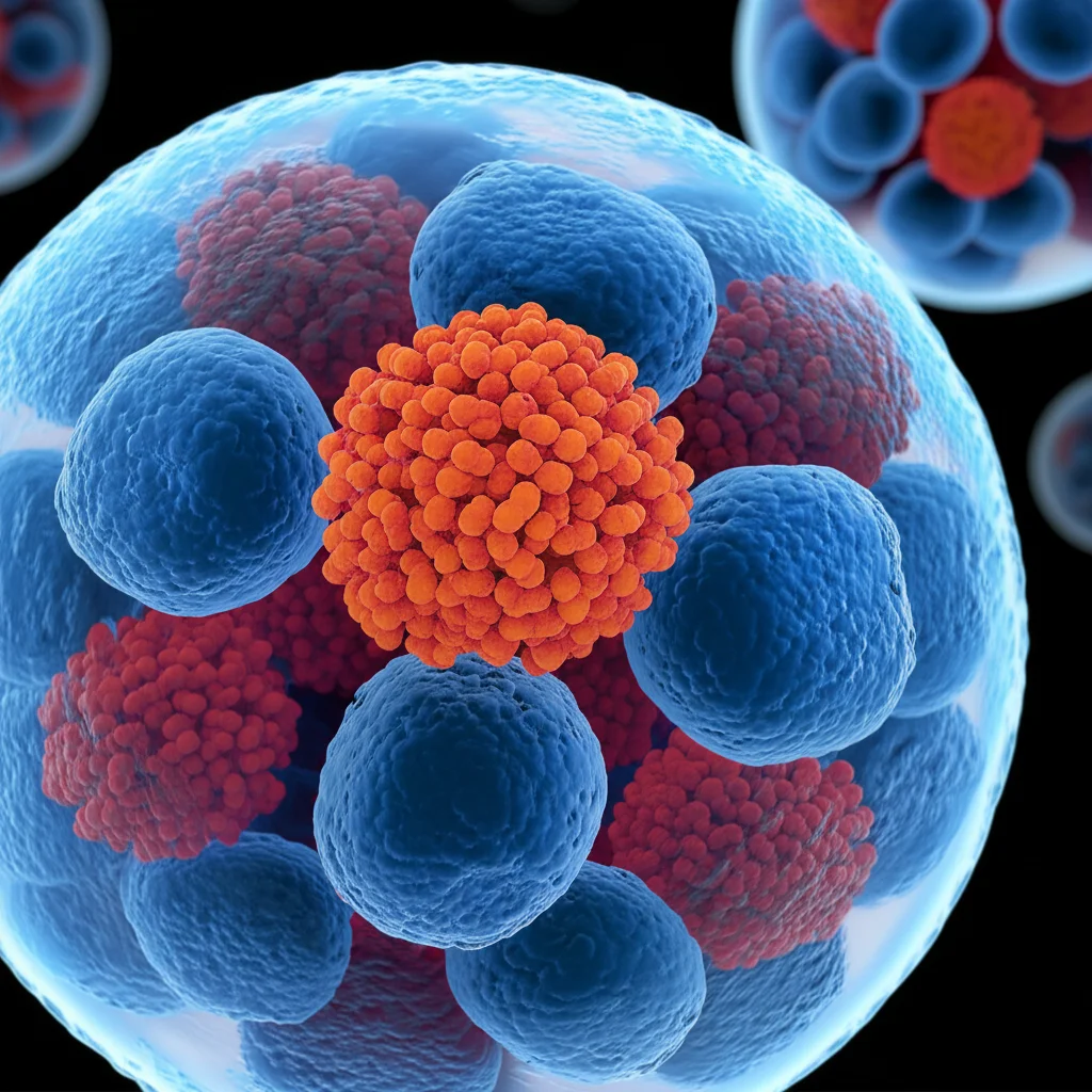 Visualizzazione 3D fotorealistica di proteine SUMO2/3, rappresentate come piccole sfere luminose rosso-arancio, che si legano a complesse strutture proteiche grigio-blu (proteine associate alla trascrizione) all'interno di un nucleo cellulare stilizzato. L'ambiente suggerisce stress cellulare. Macro lens, 80mm, high detail, precise focusing, controlled lighting con un leggero effetto 'glow' sulle molecole SUMO.