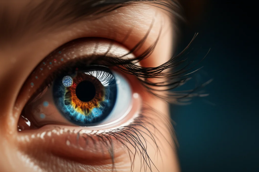 Macro fotografia di un occhio umano con una goccia di collirio che si sta assorbendo, con un overlay grafico stilizzato di nanoparticelle che attraversano la cornea. Illuminazione controllata, alta definizione, obiettivo macro 100mm, per evidenziare la complessità della superficie oculare e l'innovazione tecnologica.