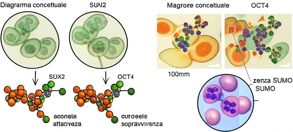 Diagramma concettuale che mostra cellule (alcune sane, altre stressate e apoptotiche) con ingrandimenti di proteine chiave. SOX2 e PIAS4 sono mostrate con molecole SUMO attaccate, associate a sopravvivenza. OCT4 è mostrato con SUMO, associato a minore sopravvivenza, e senza SUMO, associato a maggiore sopravvivenza. Illuminazione che crea un contrasto tra aree 'sane' e 'danneggiate'. Macro lens, 100mm, high detail, controlled lighting, colori vivaci per le proteine SUMOilate benefiche e colori più spenti per quelle dannose.