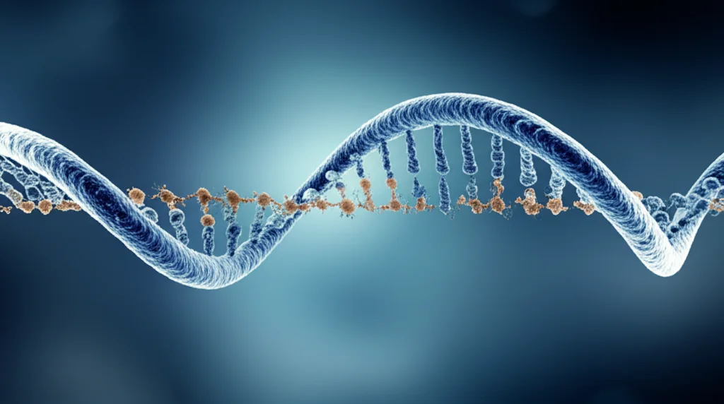 Visualizzazione artistica di una doppia elica di DNA con modificazioni epigenetiche, come gruppi metilici, evidenziate. Macro lens, 80mm, illuminazione controllata per enfatizzare i dettagli molecolari, sfondo scuro per far risaltare la struttura.