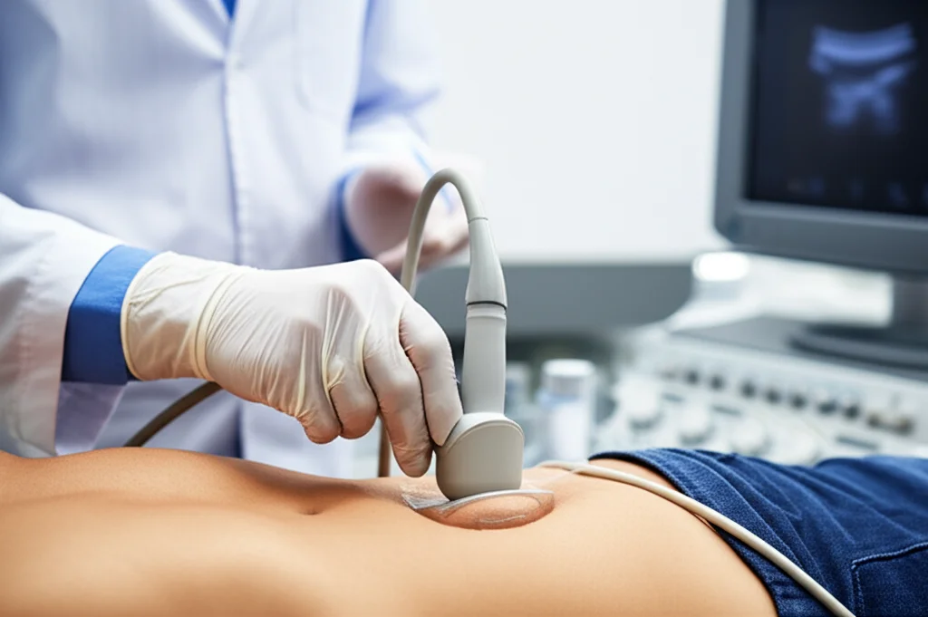 Primo piano di un medico che esegue un'agoaspirato tiroideo (FNAB) su un paziente, con un ecografo visibile sullo sfondo. Prime lens, 35mm, profondità di campo per mettere a fuoco la procedura, illuminazione clinica ma morbida.