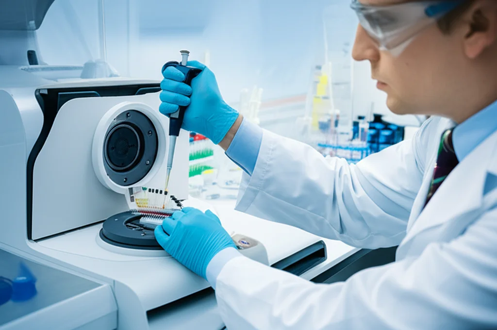 Scienziato in laboratorio che analizza campioni con micropipetta e macchinari PCR. Macro lens, 100mm, alta precisione sui dettagli delle provette e delle mani guantate, illuminazione da laboratorio brillante e pulita.