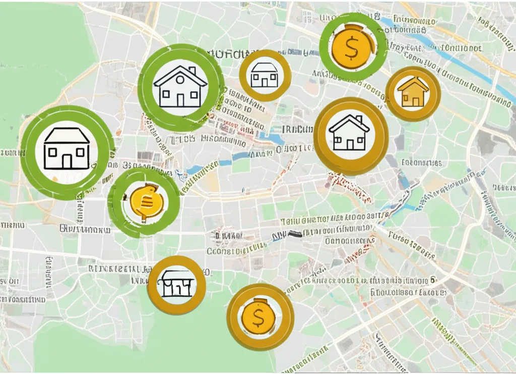 Una mappa concettuale che illustra il principio della MGWR: diverse variabili (indicate da icone come una casa, una moneta, una famiglia) hanno cerchi di influenza di dimensioni diverse su una mappa stilizzata di una città, obiettivo macro 60mm, alta definizione per mostrare chiaramente le icone e i cerchi sovrapposti alla mappa, illuminazione controllata.