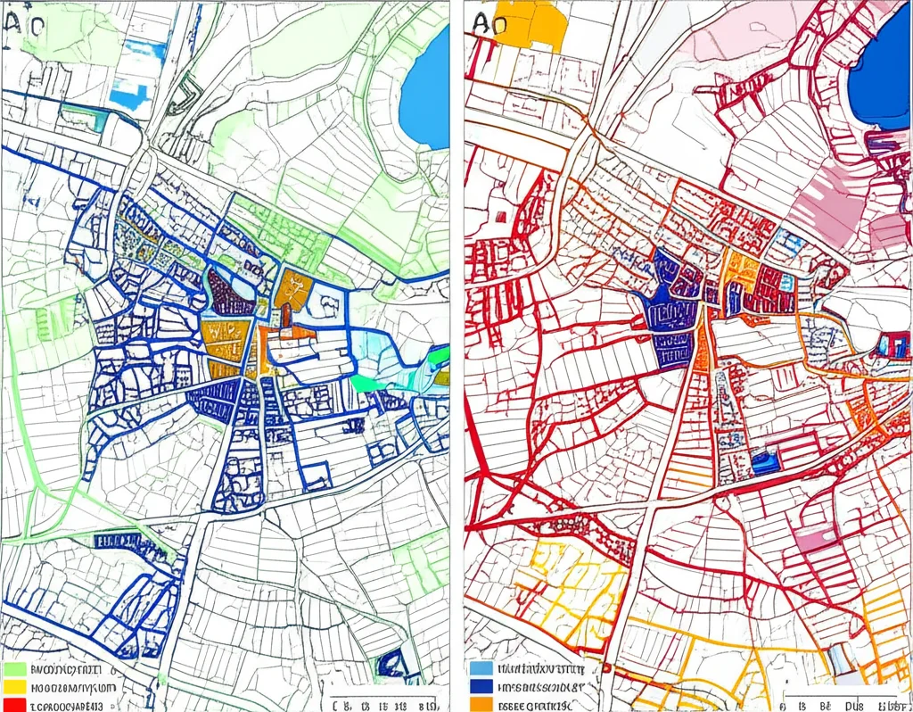 Due mappe affiancate di Nottingham che mostrano i coefficienti locali standardizzati per due variabili diverse (es. reddito ed efficienza energetica) con colori che indicano effetti positivi, negativi o eterogenei sul consumo energetico, obiettivo grandangolare 10mm, messa a fuoco nitida per dettagli cartografici, resa fotorealistica delle aree urbane.