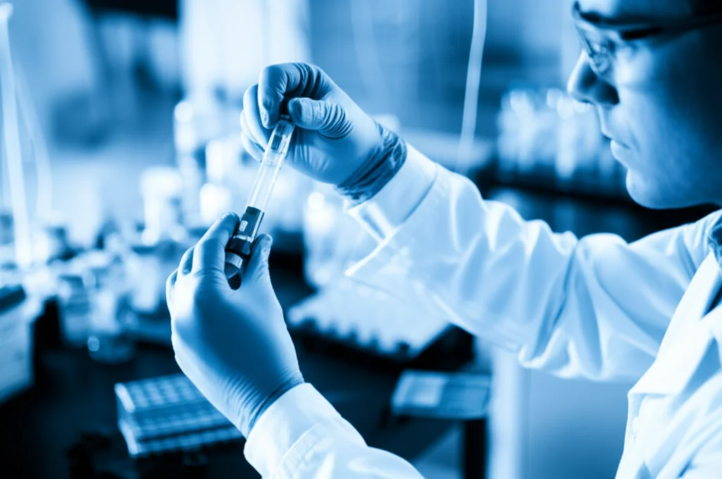 Un tecnico di laboratorio in camice bianco e guanti, ripreso con un obiettivo prime da 35mm, carica con attenzione un campione peptidico in un vial per l'analisi tramite spettrometria di massa. Sullo sfondo, sfocato dalla profondità di campo, si intravede la complessa strumentazione di un laboratorio di proteomica. Illuminazione controllata, stile film noir con duotone blu e grigio per enfatizzare la precisione e la serietà della ricerca.