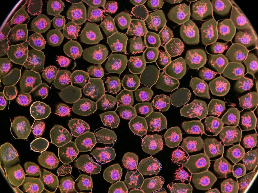Un'immagine macro, scattata con un obiettivo da 100mm, di colture cellulari in una piastra multipozzetto sotto un microscopio. L'illuminazione è controllata per evidenziare i dettagli delle cellule, alcune delle quali potrebbero mostrare fluorescenza indotta da trattamenti specifici, simboleggiando lo studio degli effetti dell'IFN-gamma. Alta definizione e focus preciso.
