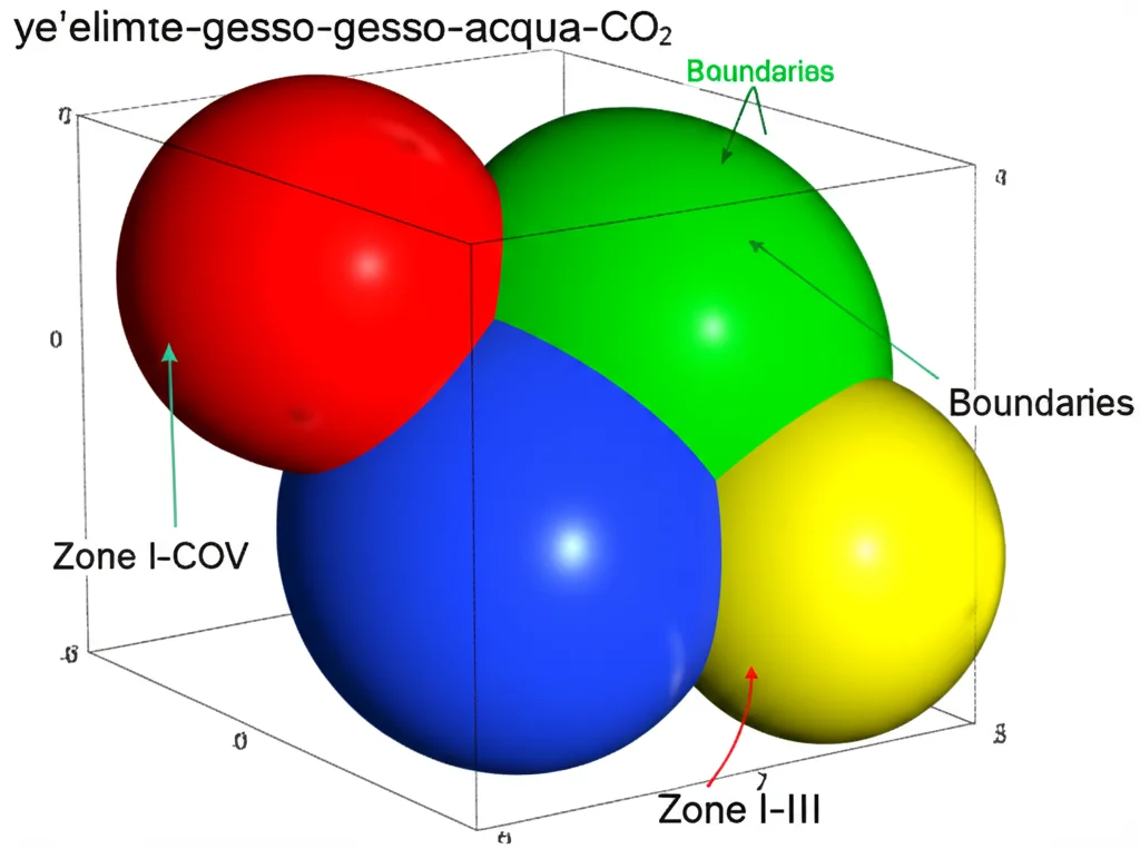 Una visualizzazione 3D astratta ma scientificamente accurata di un diagramma di fase complesso, con zone colorate distinte (rosso, blu, verde, giallo) che rappresentano diversi equilibri chimici in un sistema ye'elimite-gesso-acqua-CO2, con etichette fluttuanti per 'Zone I-IV' e 'Boundaries', illuminazione da studio per chiarezza.