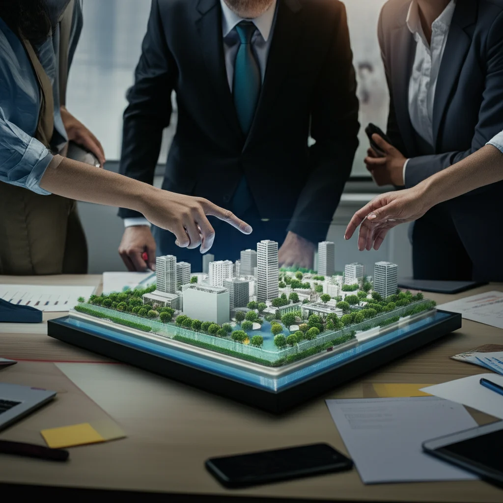 Un team multietnico di urbanisti e scienziati ambientali che collaborano attorno a un tavolo olografico che mostra un modello 3D di una città verde e resiliente. Fotografia di persone, obiettivo 35mm, stile cinematografico con profondità di campo per mettere a fuoco il team, illuminazione da studio che crea un'atmosfera di innovazione.