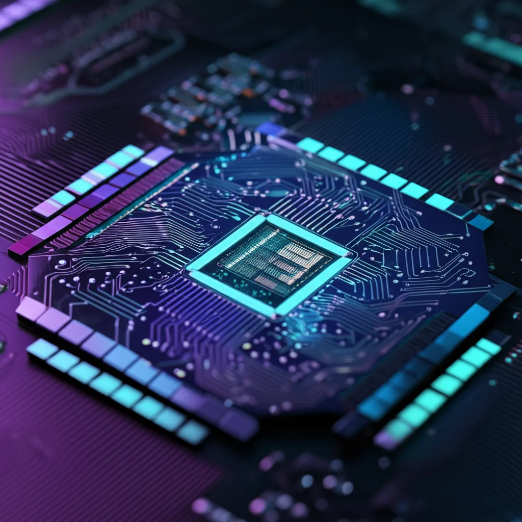 Immagine macro ad alta definizione di un chip quantistico futuristico con intricati circuiti luminosi blu e viola, simboleggiante un frigorifero quantistico. Illuminazione controllata per evidenziare i dettagli. Obiettivo macro 60mm.