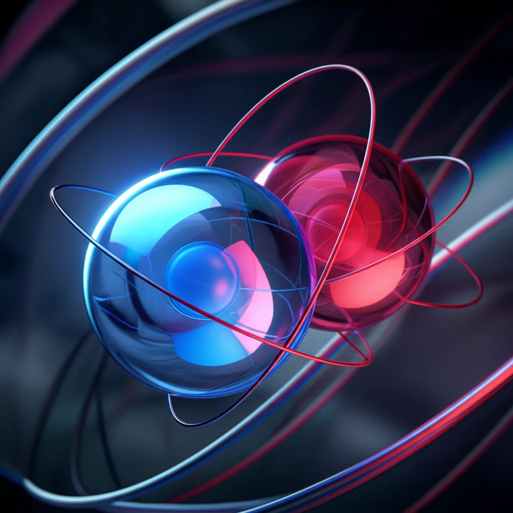 Visualizzazione artistica ma fotorealistica di due sfere luminose (spin) interagenti, una blu e una rossa, sospese in un campo magnetico astratto. Effetto di profondità di campo, obiettivo prime 35mm, duotone blu e grigio per un'atmosfera scientifica.