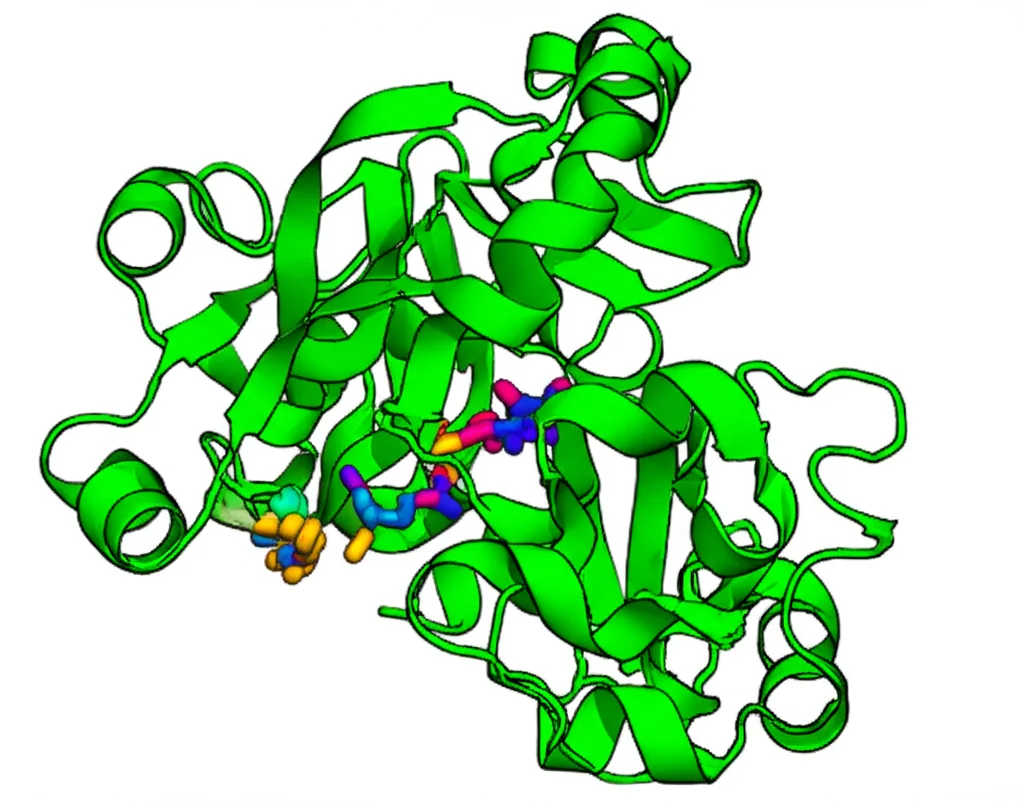 Visualizzazione 3D della struttura proteica di PutGrxS12, 80mm macro lens, alta definizione, con i siti di cisteina conservati evidenziati, su uno sfondo scientifico astratto che suggerisce attività enzimatica e interazioni molecolari.