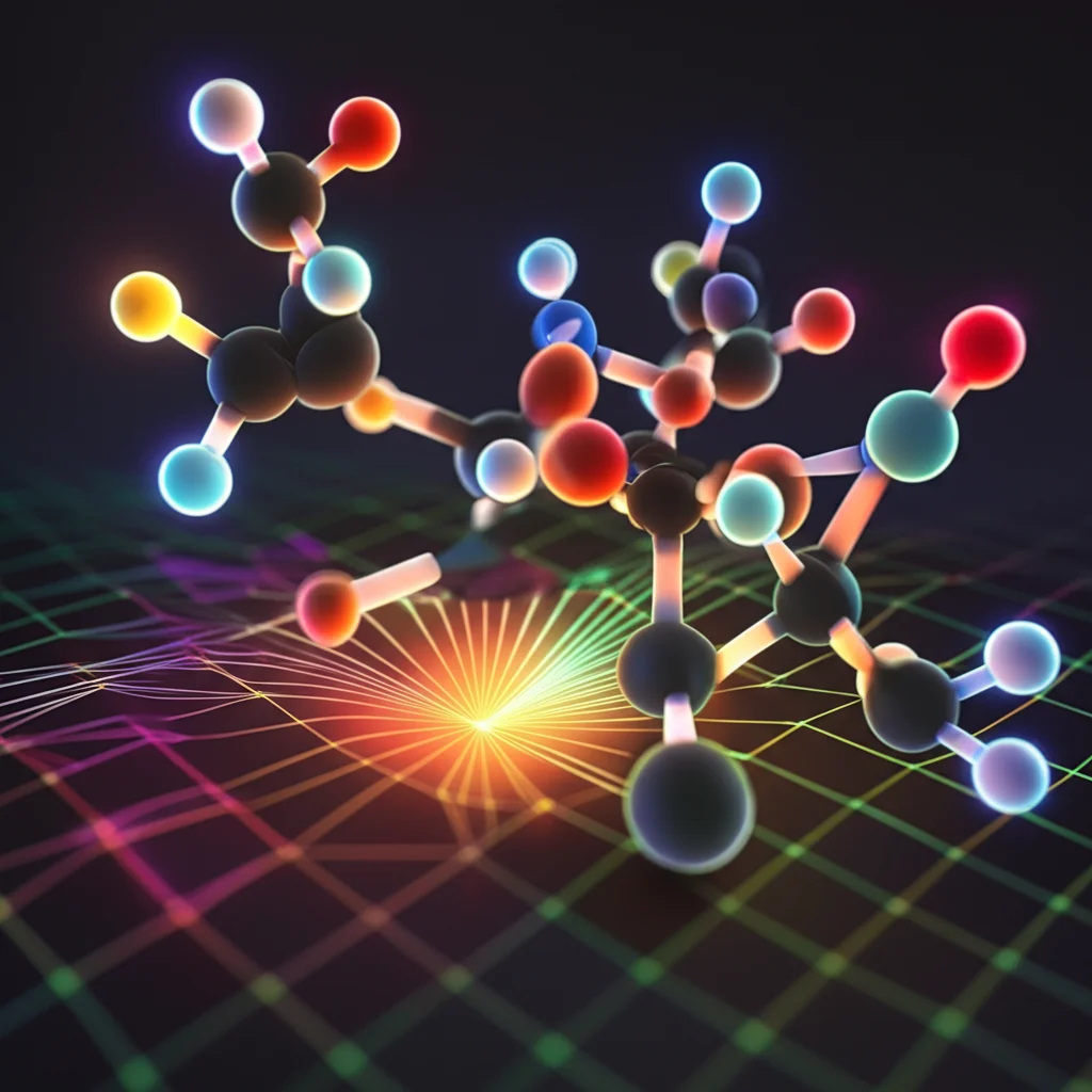 Visualizzazione astratta di molecole di materiali energetici con legami chimici luminosi, che fluttuano sopra un diagramma di energia calcolato al computer. Macro lens, 80mm, high detail, precise focusing, controlled lighting, colori vibranti su sfondo scuro.
